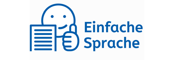 Symbol zum Anklicken mit einem lächelnden Gesicht und einem Daumen hoch, Text: "Einfache Sprache".