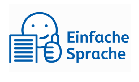 Symbol zum Anklicken mit einem lächelnden Gesicht und einem Daumen hoch, Text: "Einfache Sprache".